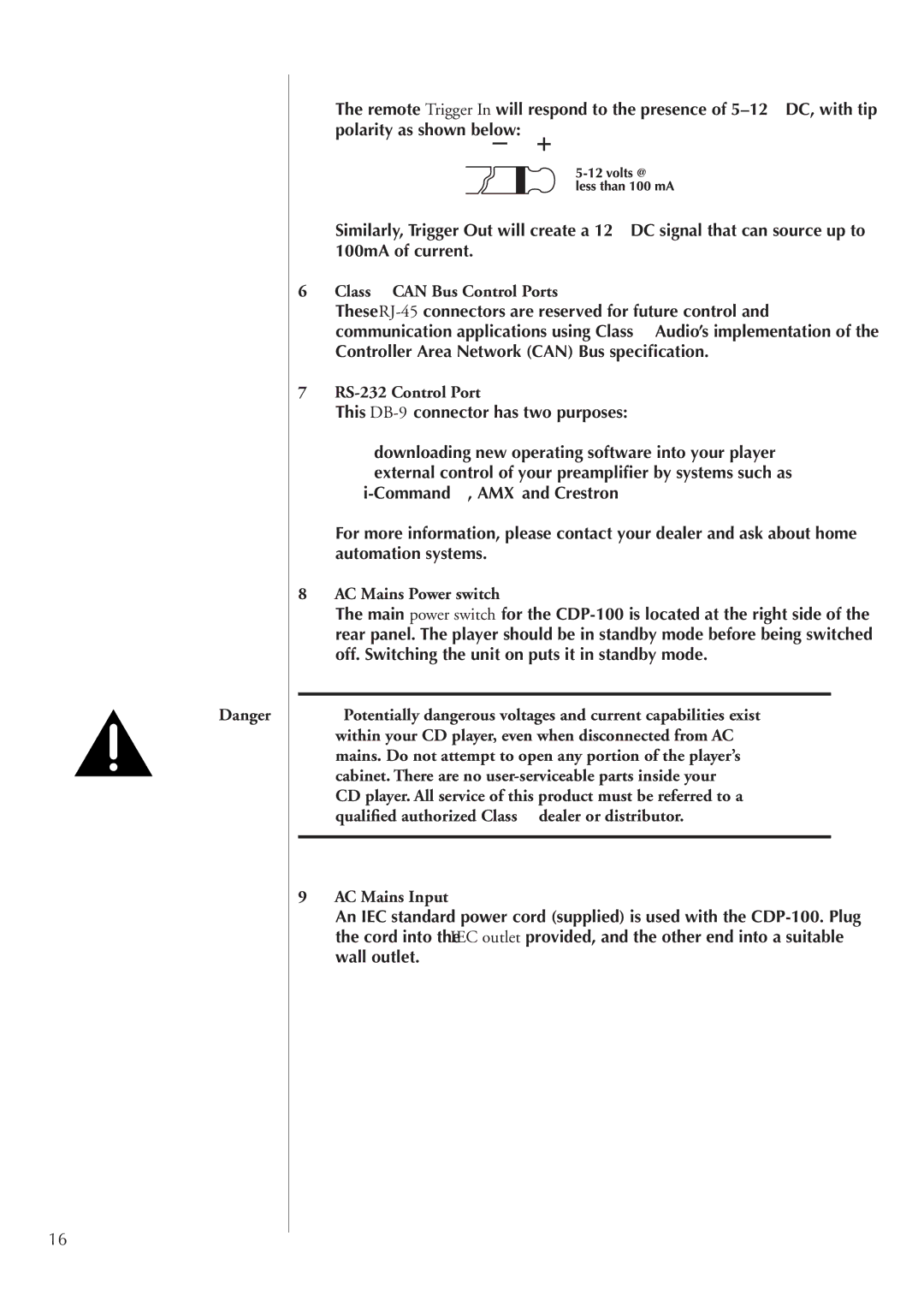 Classe Audio CDP-100 owner manual Classé can Bus Control Ports, RS-232 Control Port, AC Mains Power switch, AC Mains Input 