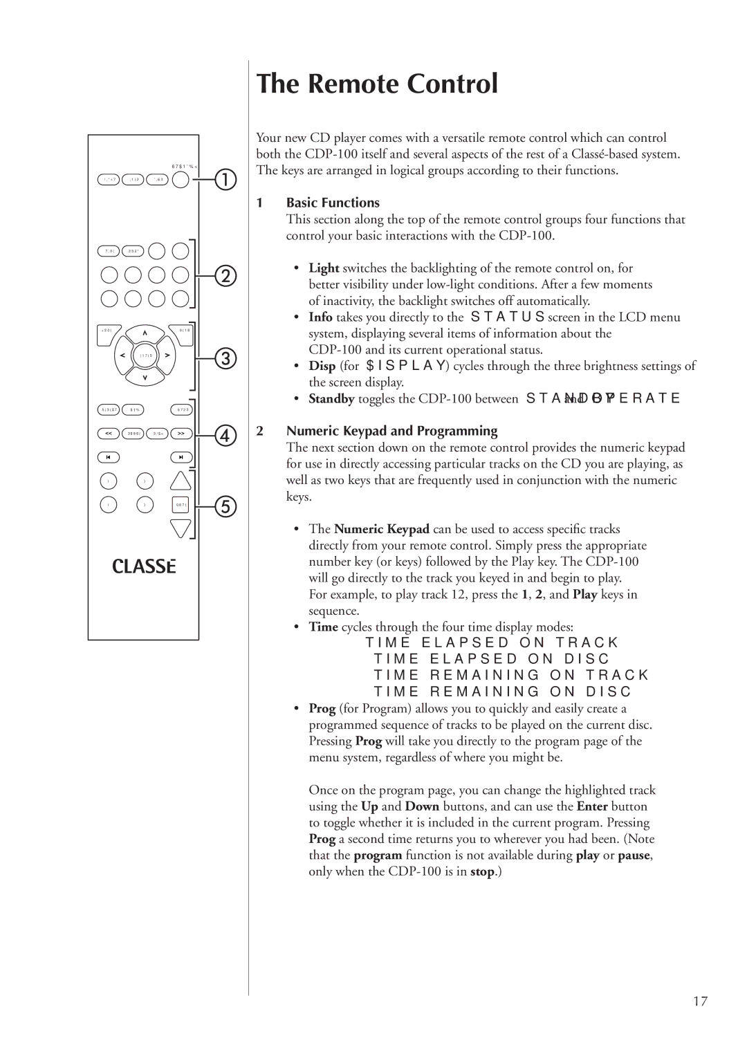 Classe Audio CDP-100 owner manual Remote Control, Basic Functions, Numeric Keypad and Programming 