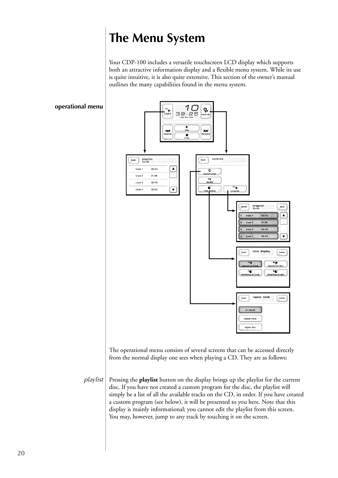 Classe Audio CDP-100 owner manual Menu System, Operational menu, Playlist 