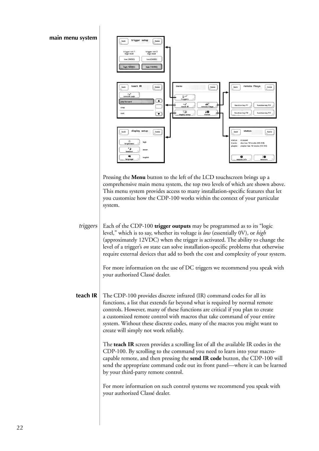 Classe Audio CDP-100 owner manual Main menu system, Triggers, Teach IR 