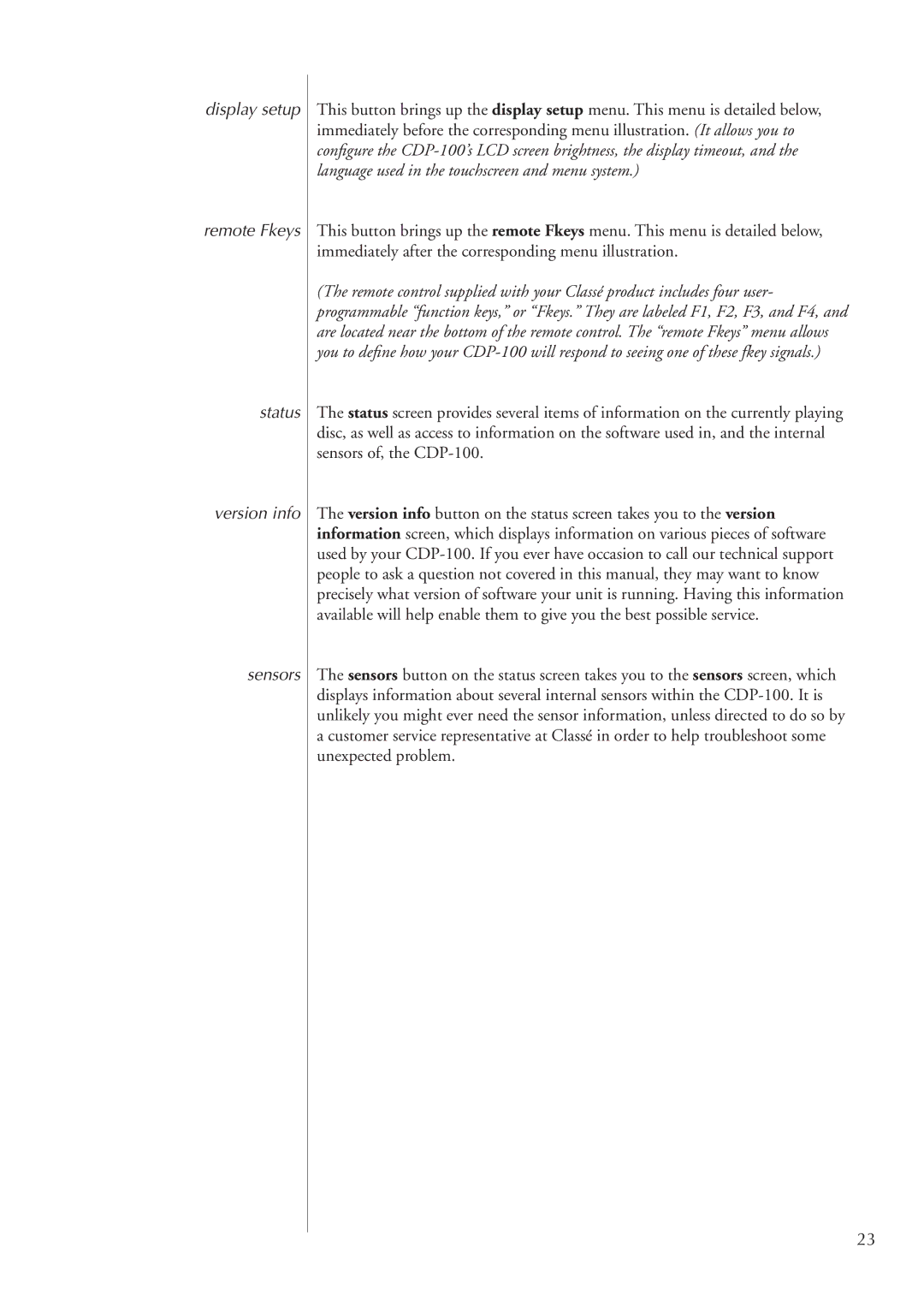 Classe Audio CDP-100 owner manual Display setup Remote Fkeys Status Version info Sensors 