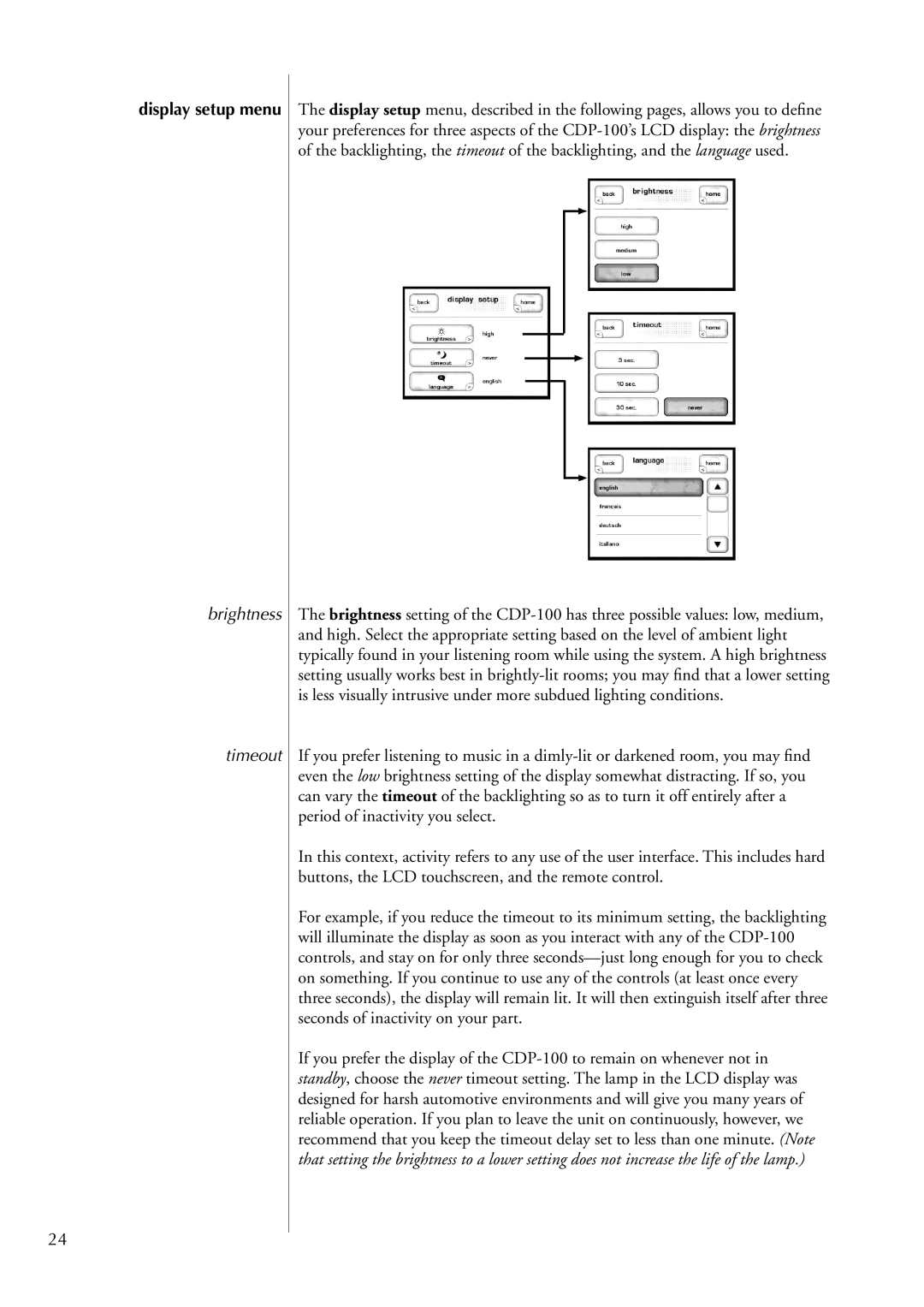 Classe Audio CDP-100 owner manual Display setup menu, Brightness Timeout 