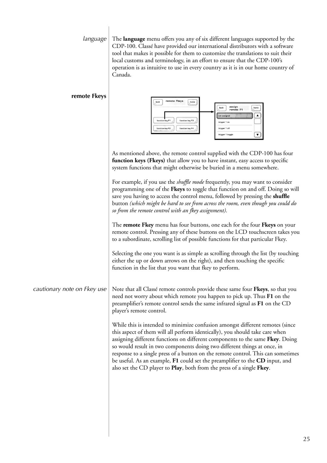 Classe Audio CDP-100 owner manual Language, Remote Fkeys 