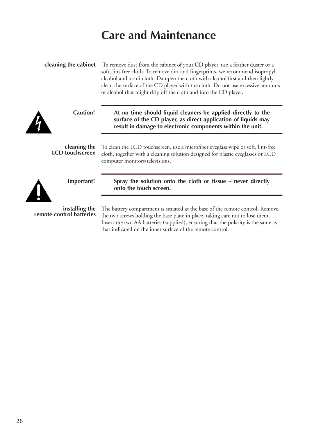 Classe Audio CDP-100 owner manual Care and Maintenance, Cleaning the cabinet 