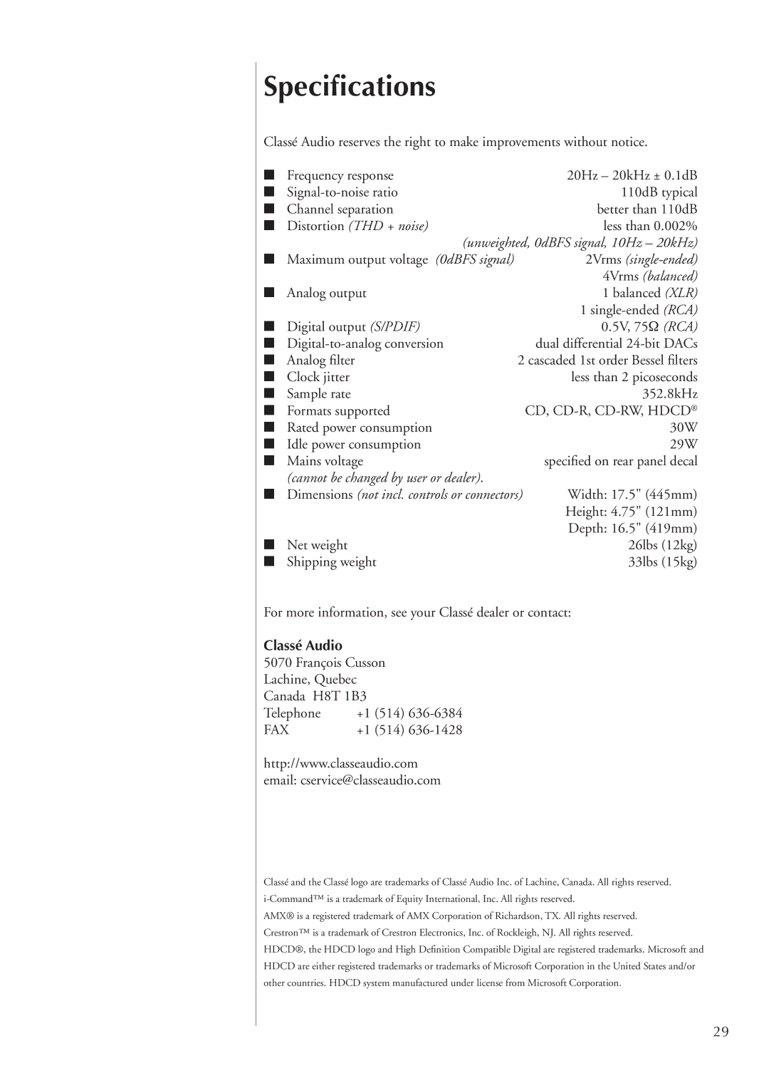 Classe Audio CDP-100 owner manual Speciﬁcations, Classé Audio 