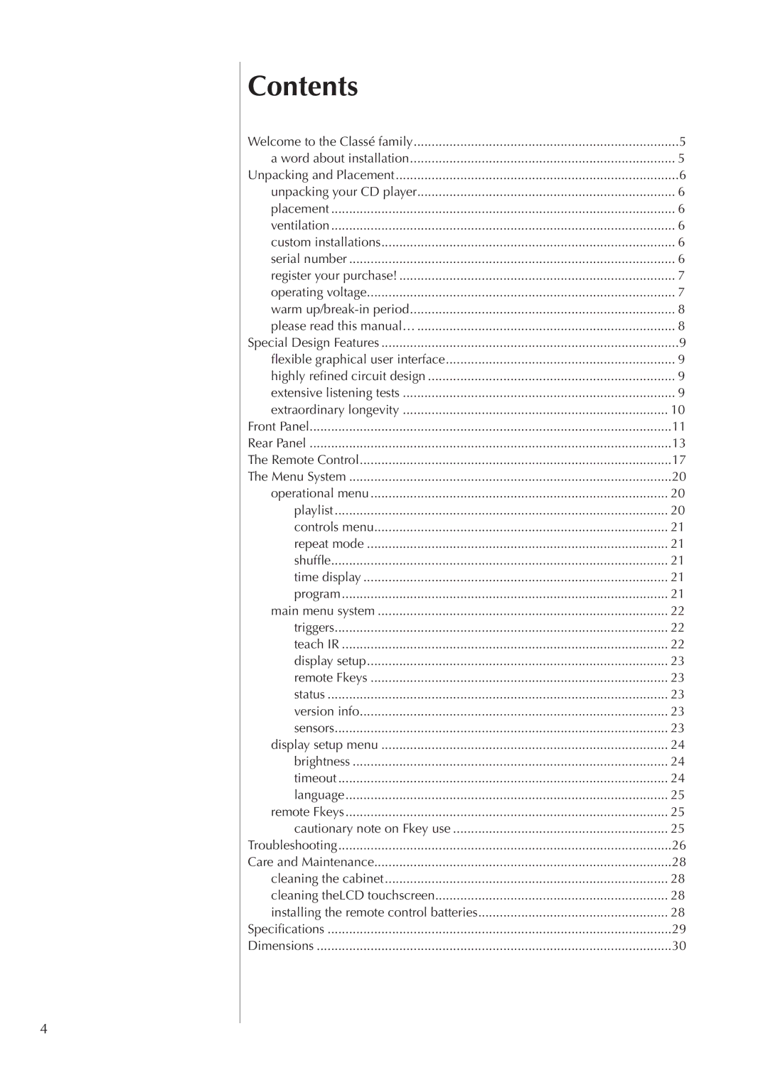 Classe Audio CDP-100 owner manual Contents 