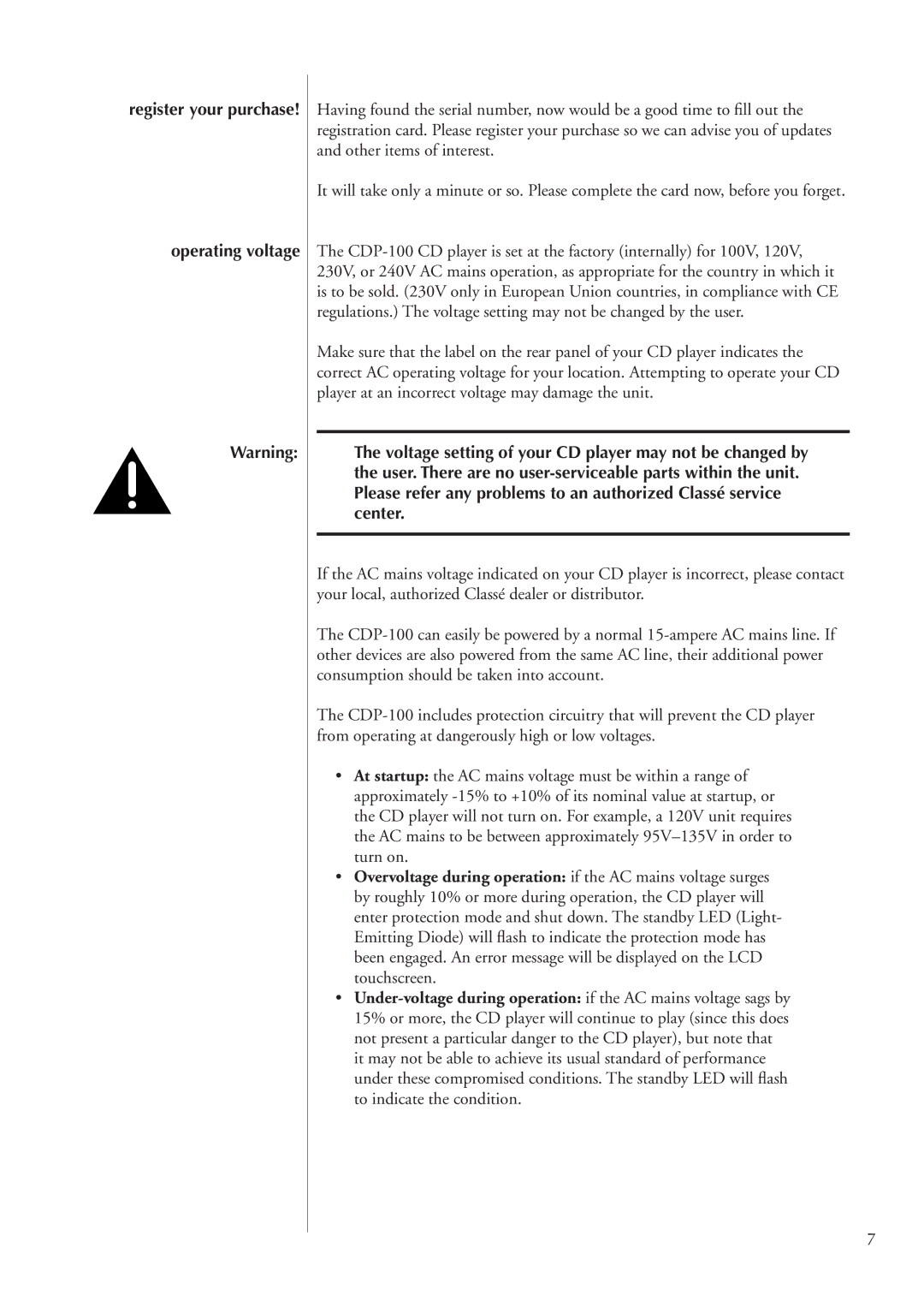 Classe Audio CDP-100 owner manual Operating voltage 