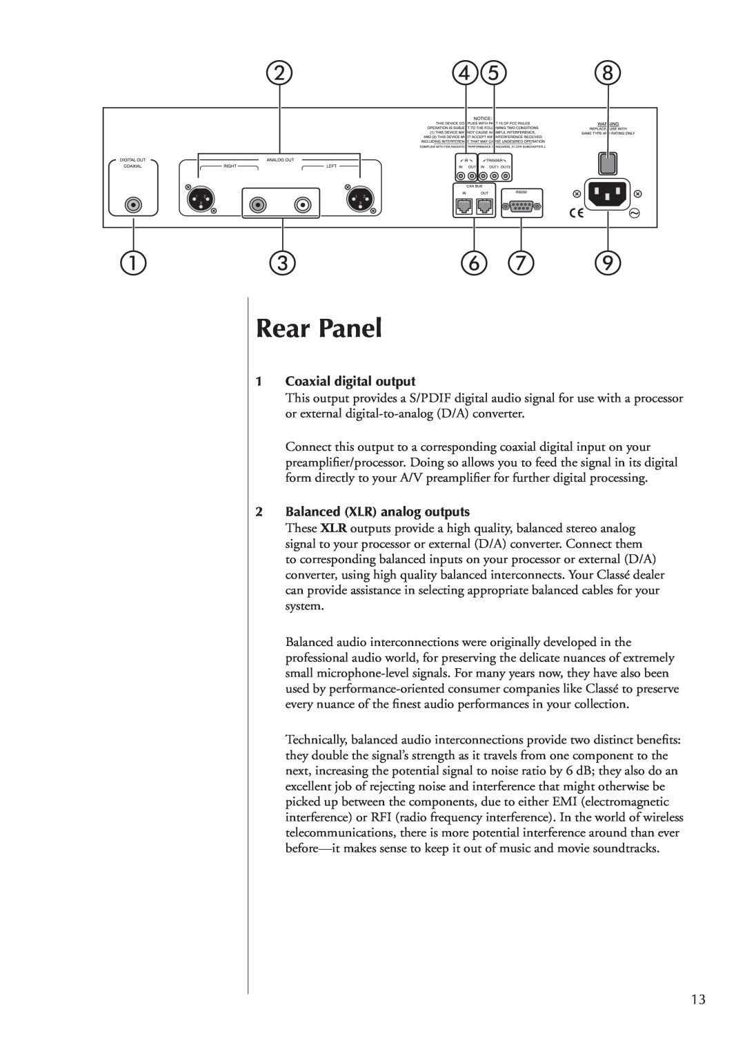 Classe Audio CDP-100 owner manual Rear Panel, 1Coaxial digital output, 2Balanced XLR analog outputs 