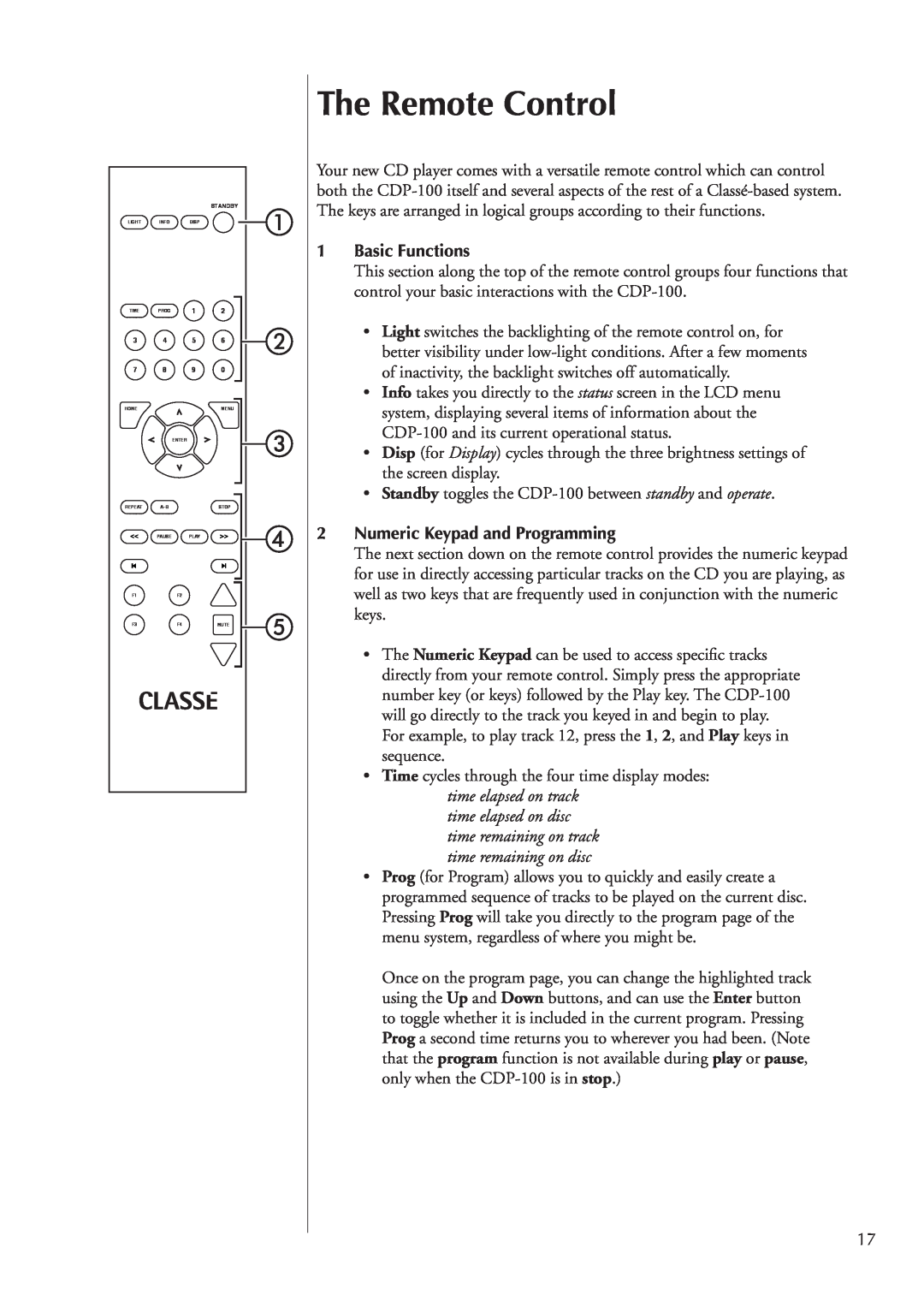 Classe Audio CDP-100 owner manual The Remote Control, 1Basic Functions, 2Numeric Keypad and Programming 