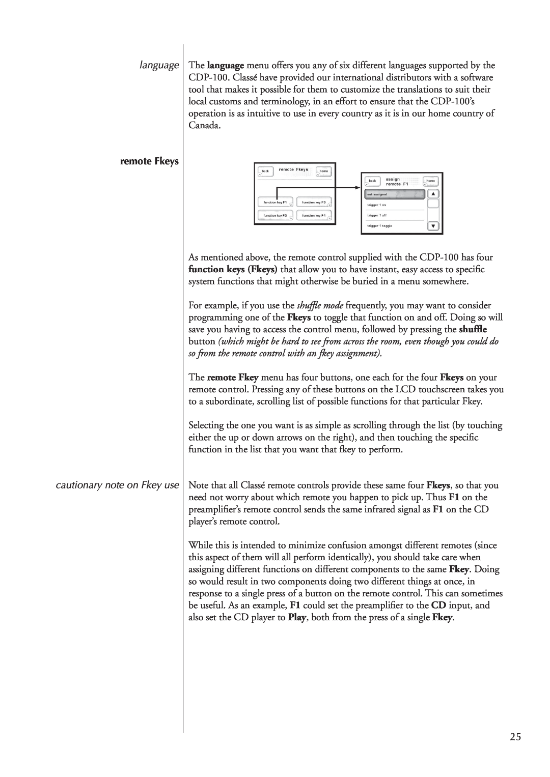 Classe Audio CDP-100 owner manual language, remote Fkeys, cautionary note on Fkey use 