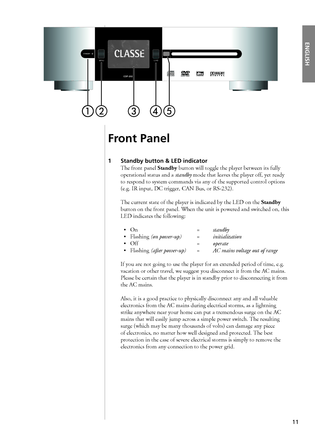 Classe Audio CDP-102 owner manual Front Panel, Standby button & LED indicator 