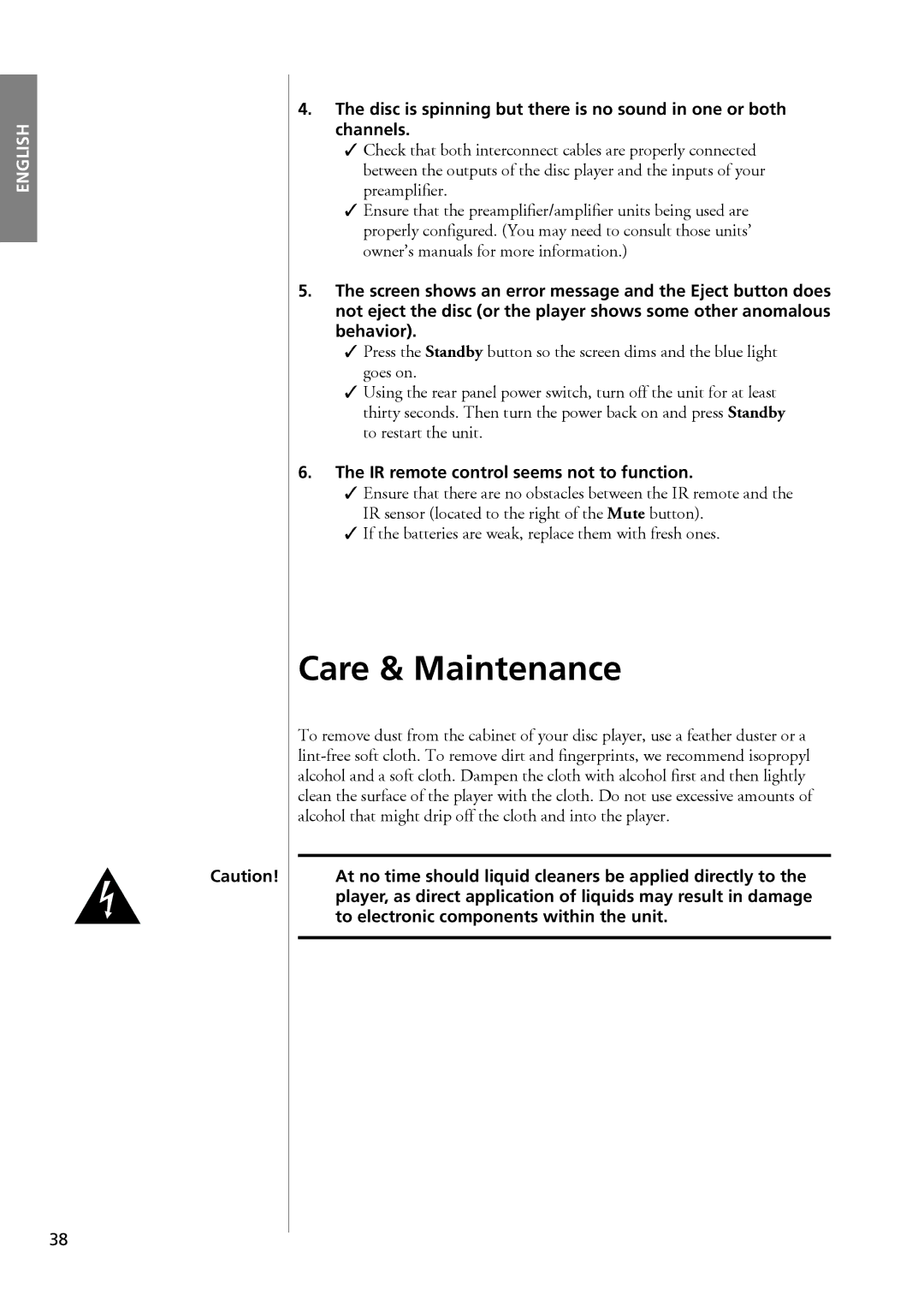 Classe Audio CDP-102 Care & Maintenance, IR remote control seems not to function, To electronic components within the unit 