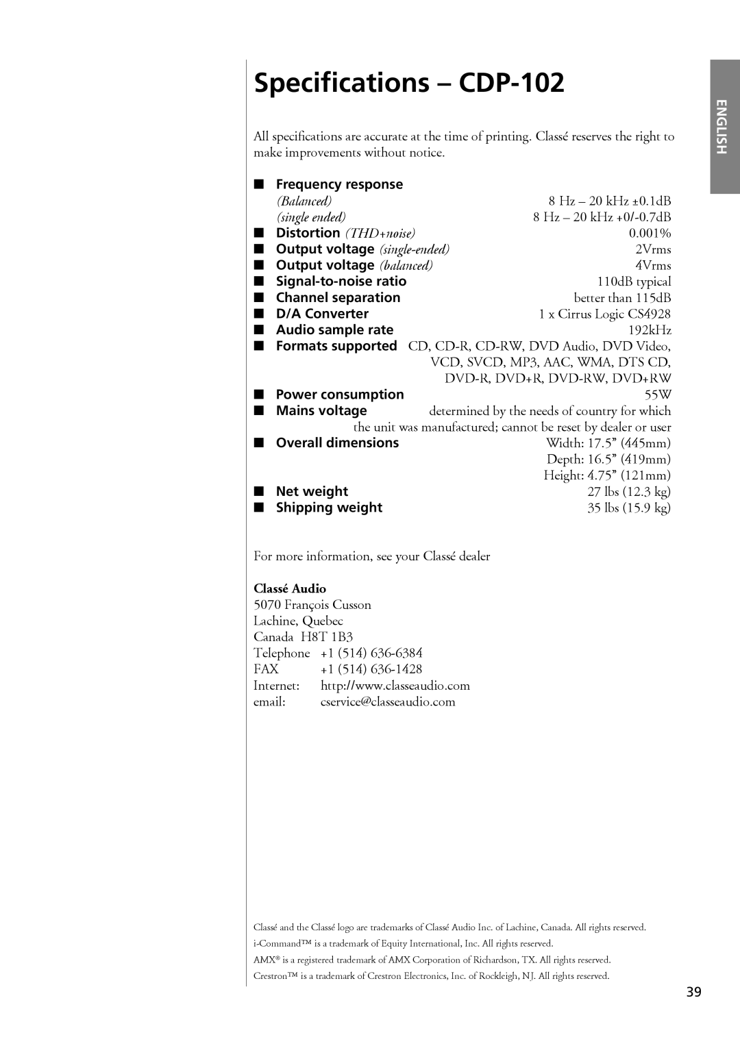 Classe Audio owner manual Speciﬁcations CDP-102 