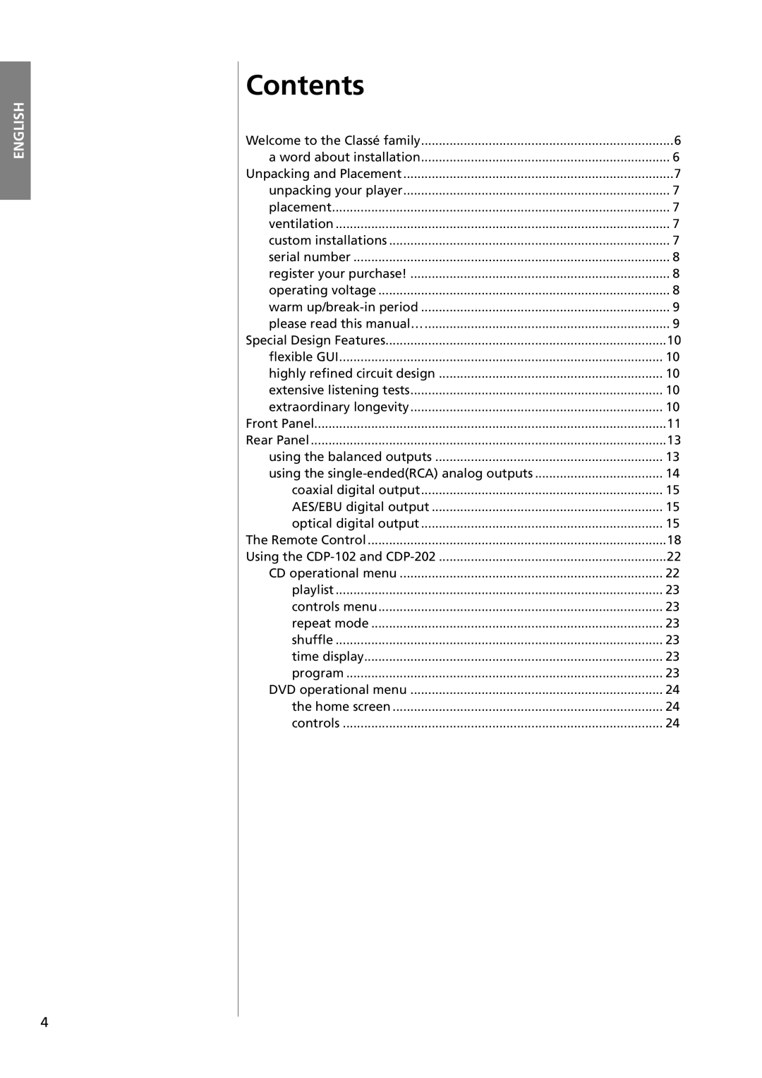 Classe Audio CDP-102 owner manual Contents 