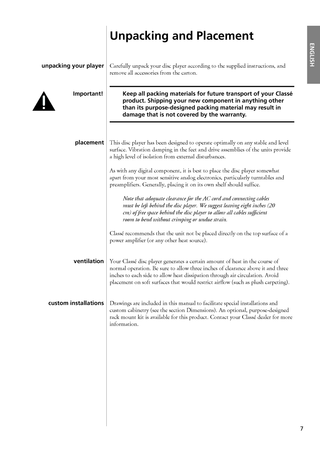 Classe Audio CDP-102 owner manual Unpacking and Placement, Remove all accessories from the carton 