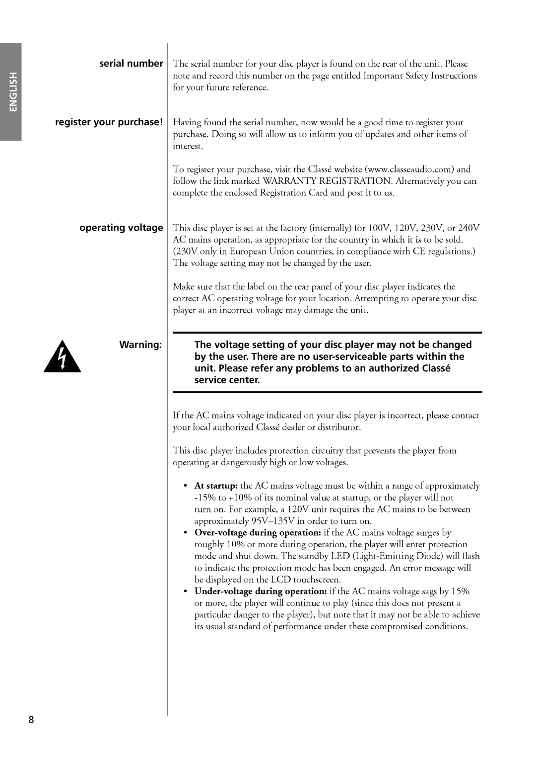 Classe Audio CDP-102 owner manual Voltage setting of your disc player may not be changed, Service center 