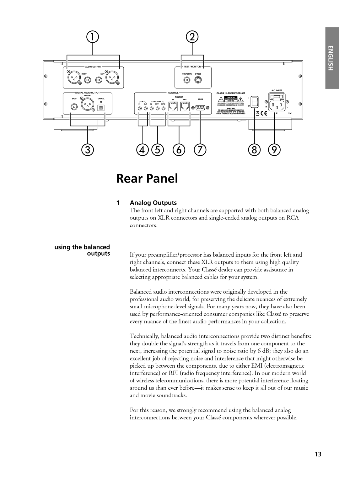 Classe Audio CDP-102 owner manual Rear Panel, English, 1Analog Outputs 