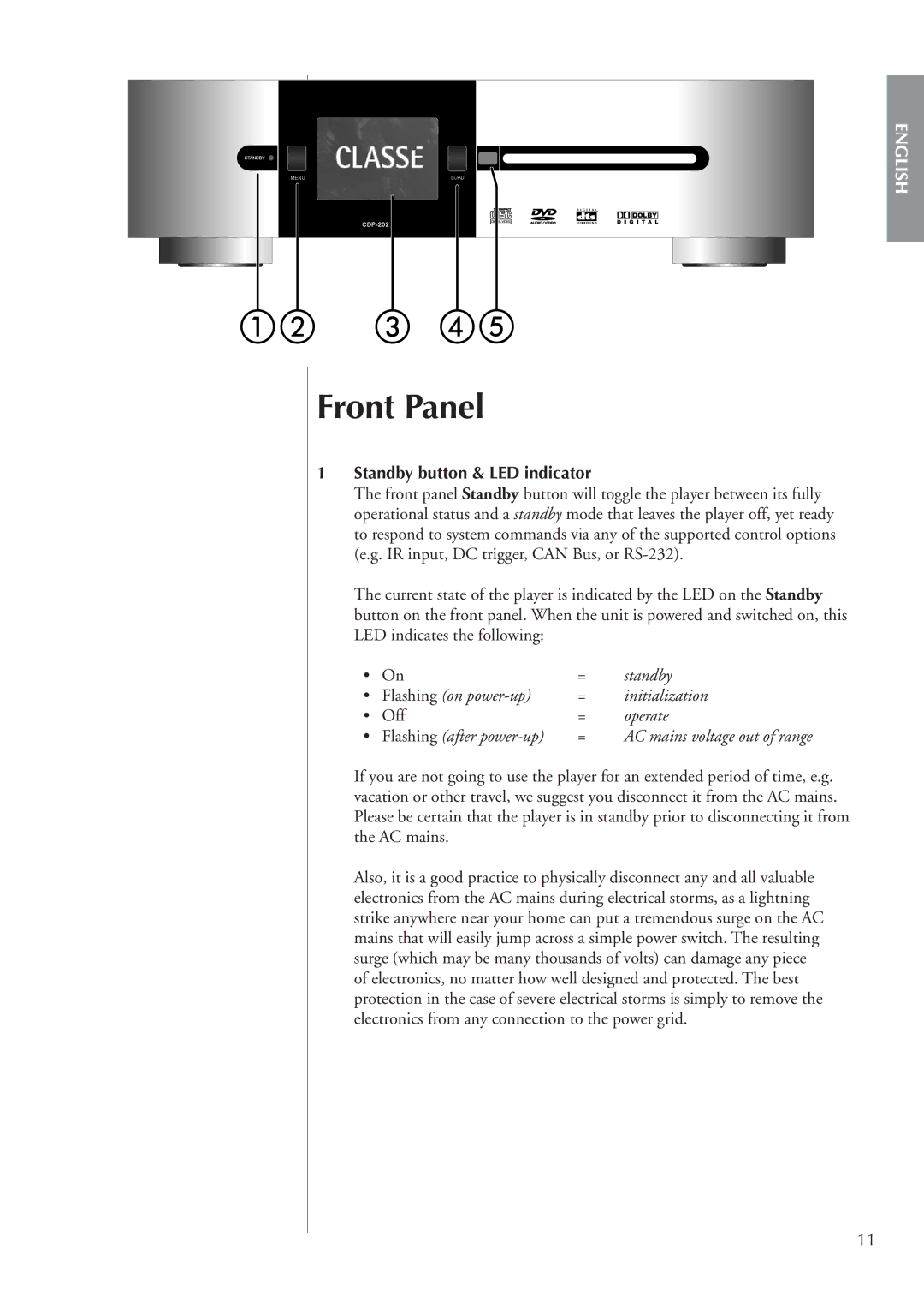 Classe Audio CDP-202 owner manual Front Panel, Standby button & LED indicator, Flashing on power-up Initialization, Operate 