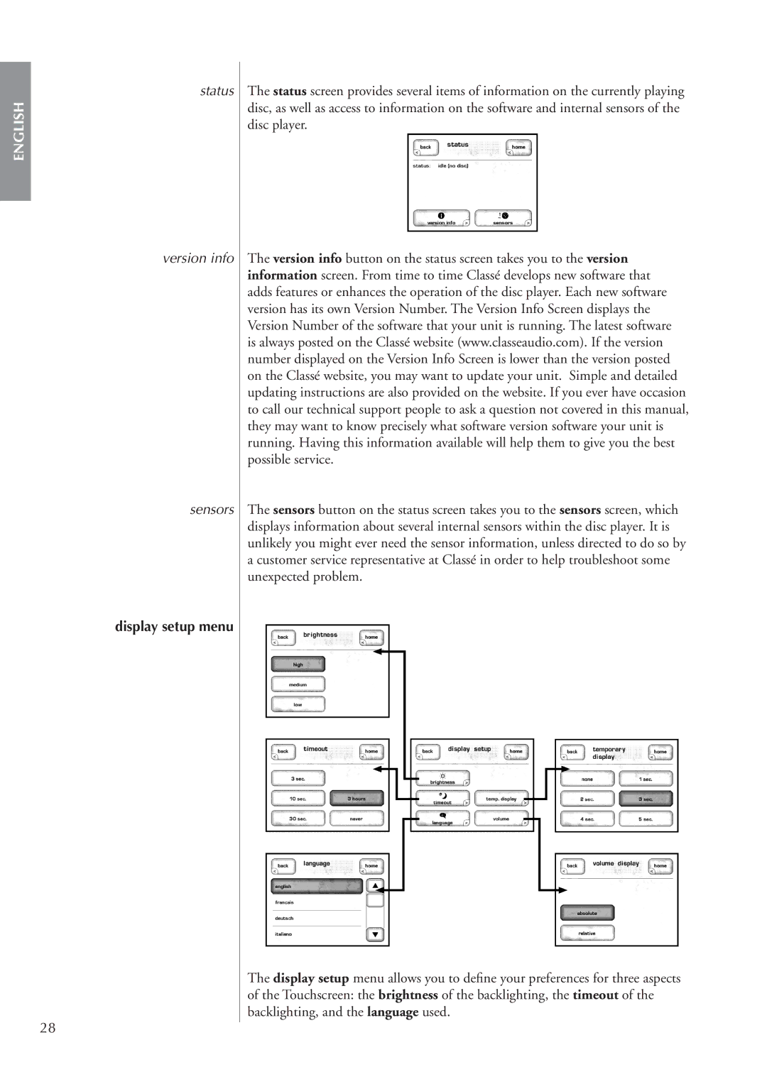 Classe Audio CDP-202 owner manual Status Version info Sensors, Display setup menu 