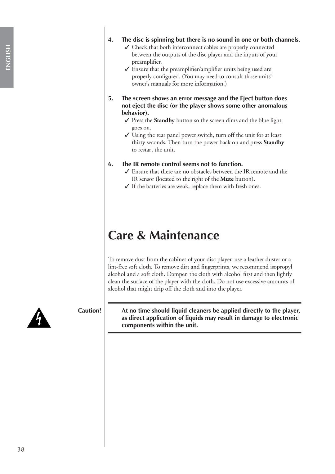 Classe Audio CDP-202 owner manual Care & Maintenance, IR remote control seems not to function 