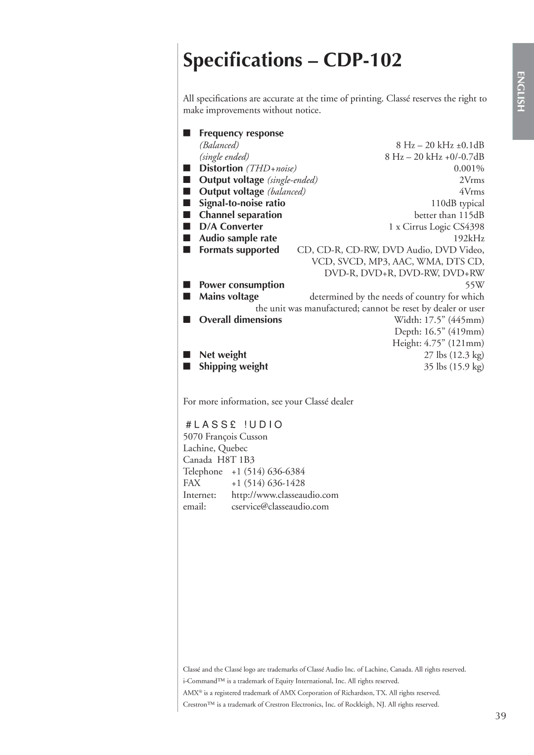 Classe Audio CDP-202 owner manual Speciﬁcations CDP-102 