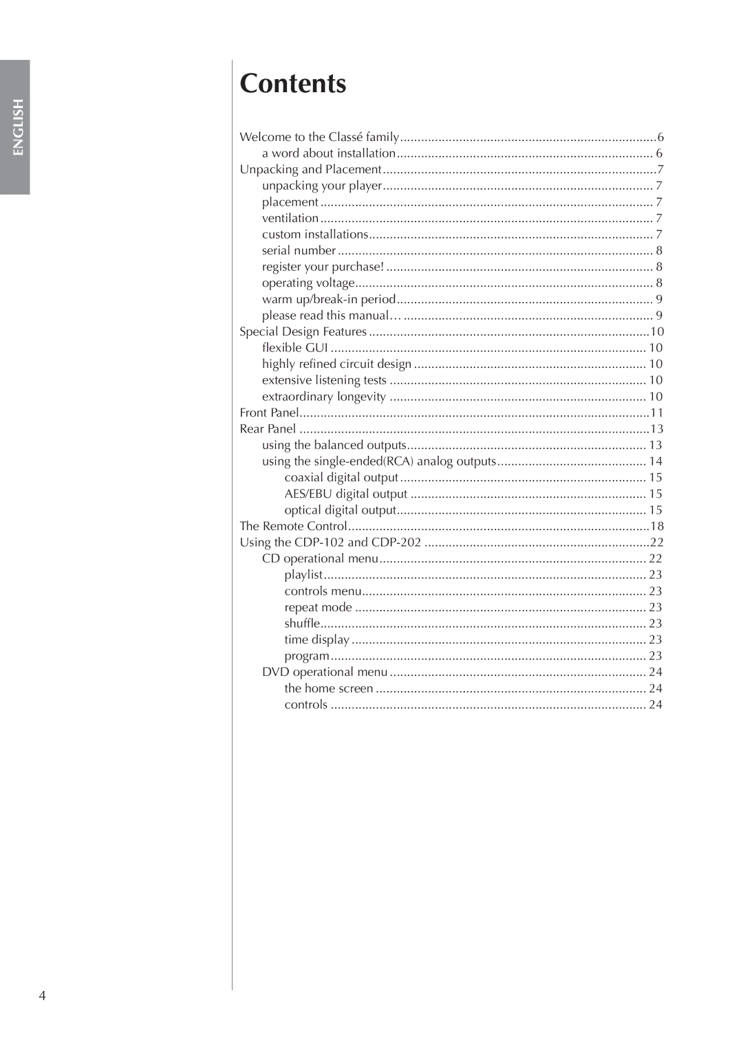 Classe Audio CDP-202 owner manual Contents 