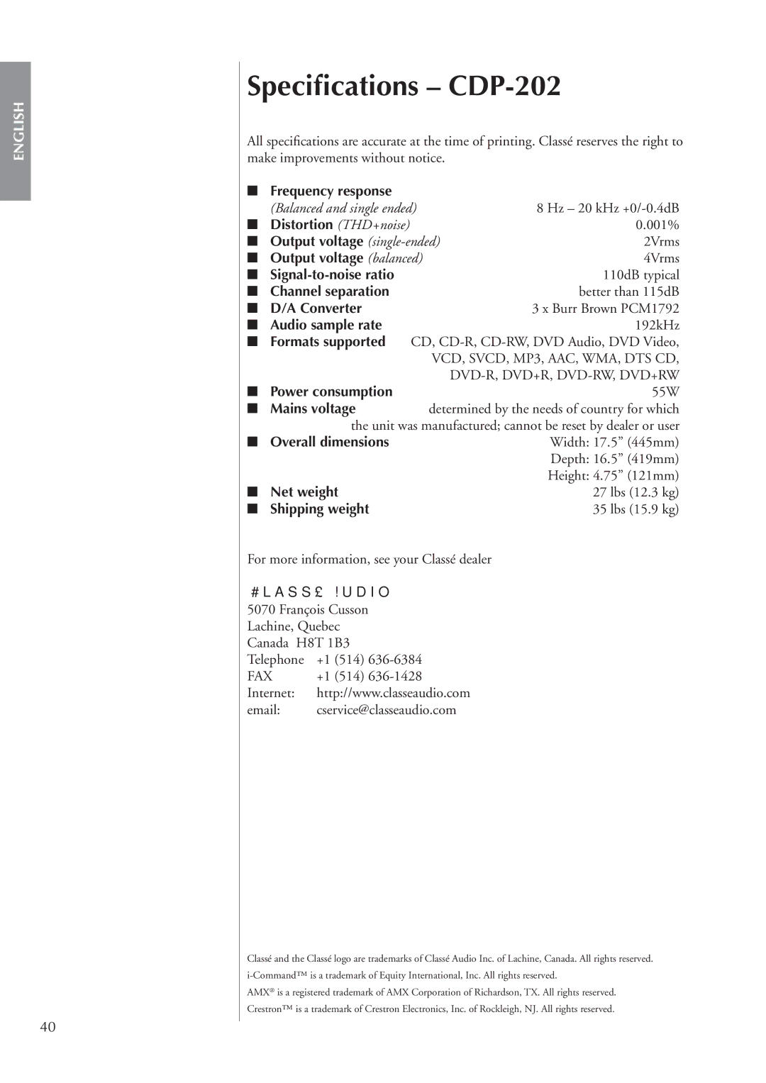 Classe Audio owner manual Speciﬁcations CDP-202, Balanced and single ended 