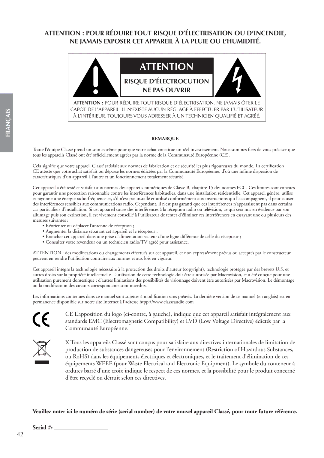 Classe Audio CDP-202 owner manual NE Jamais Exposer CET Appareil À LA Pluie OU L’HUMIDITÉ 