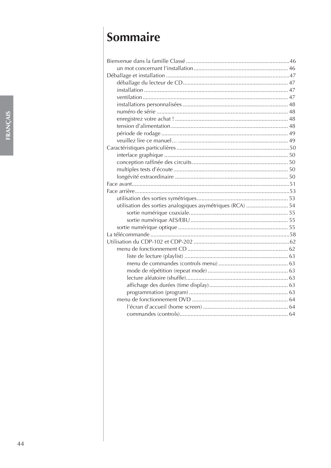 Classe Audio CDP-202 owner manual Sommaire 