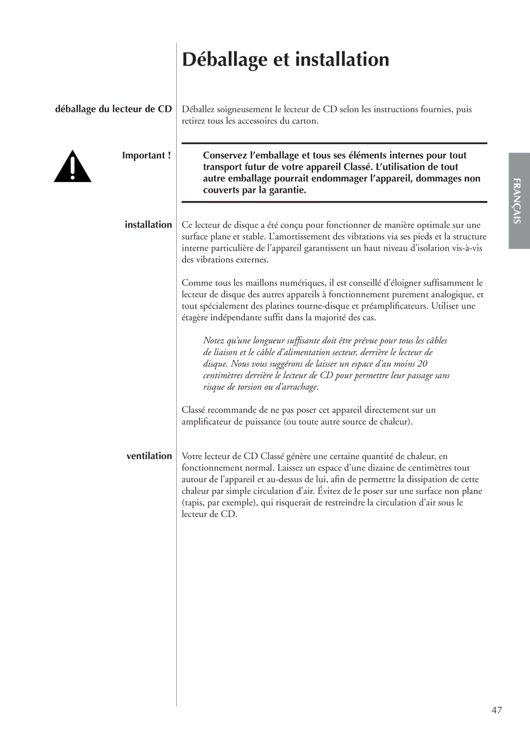 Classe Audio CDP-202 owner manual Déballage et installation, Installation Ventilation 