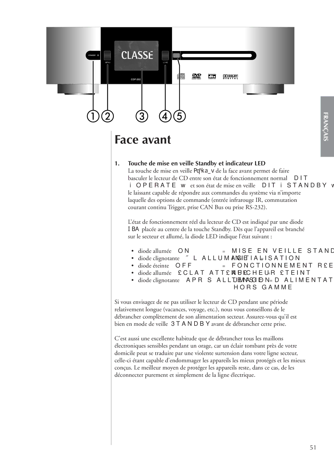 Classe Audio CDP-202 Face avant, Touche de mise en veille Standby et indicateur LED, Initialisation, Afﬁcheur éteint 