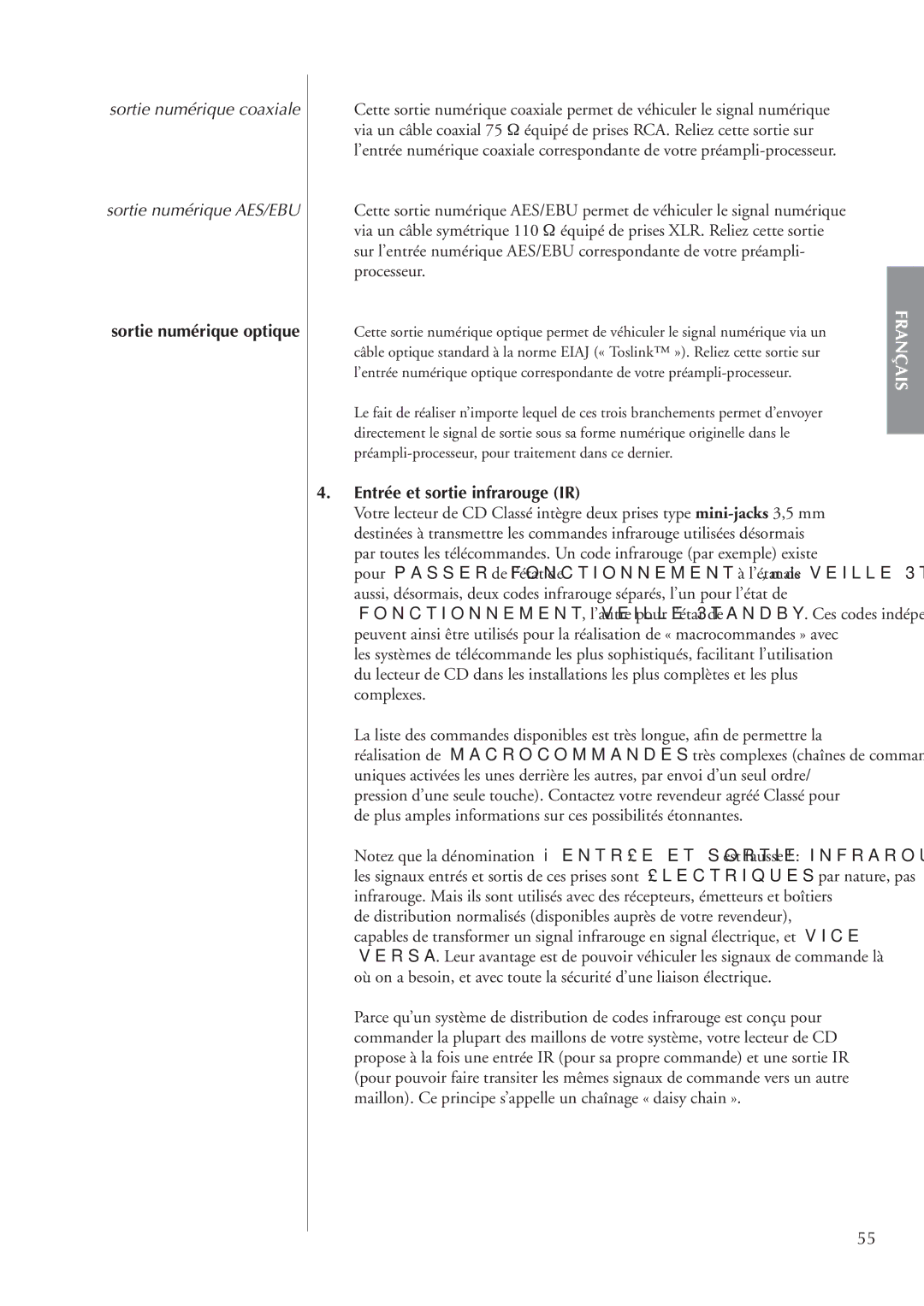 Classe Audio CDP-202 owner manual Sortie numérique coaxiale Sortie numérique AES/EBU, Entrée et sortie infrarouge IR 