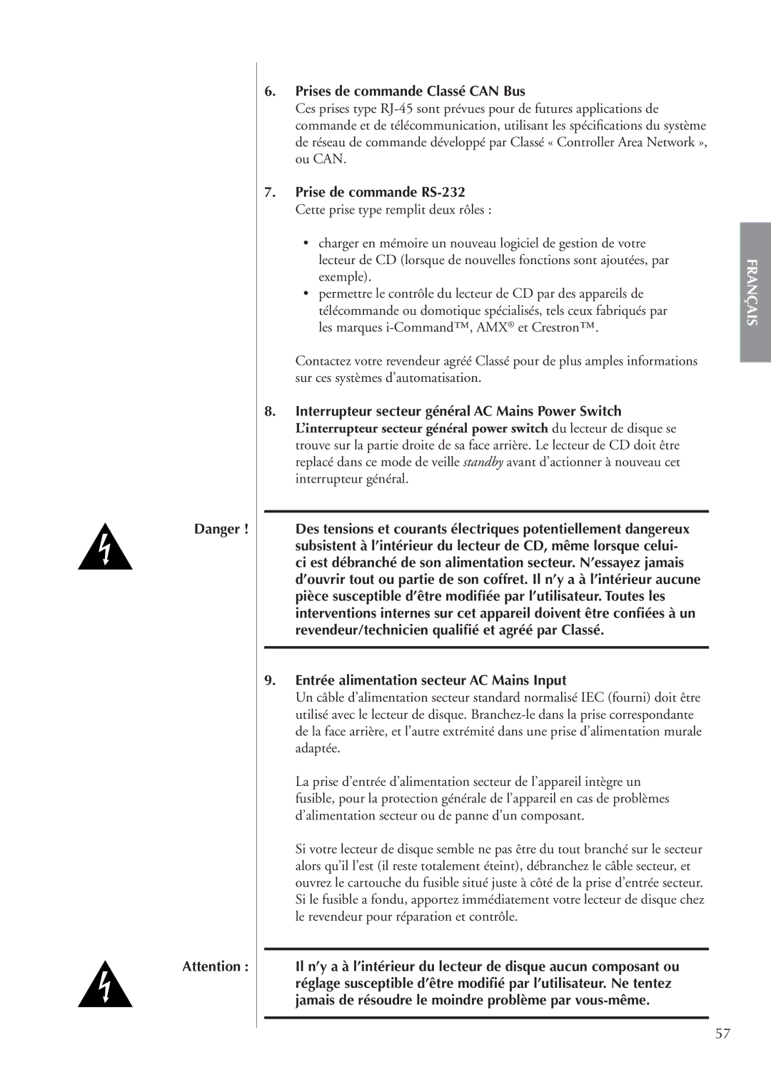 Classe Audio CDP-202 owner manual Prises de commande Classé can Bus, Entrée alimentation secteur AC Mains Input 