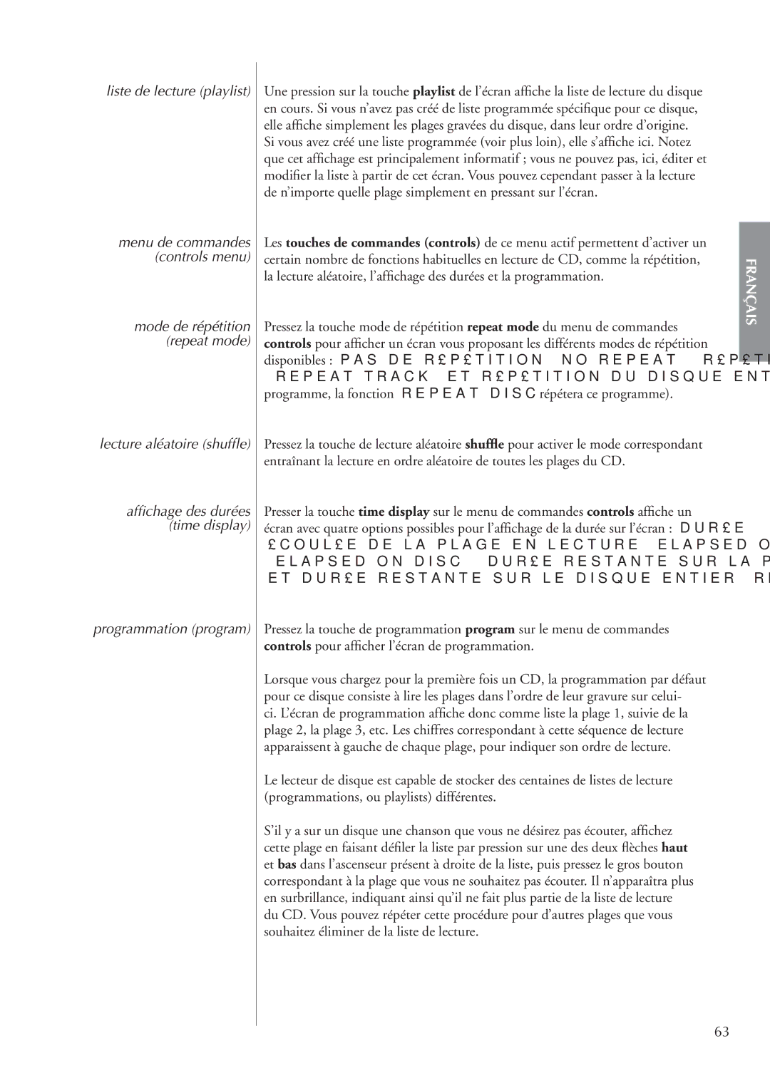 Classe Audio CDP-202 owner manual Liste de lecture playlist, Lecture aléatoire shufﬂe, Programmation program 