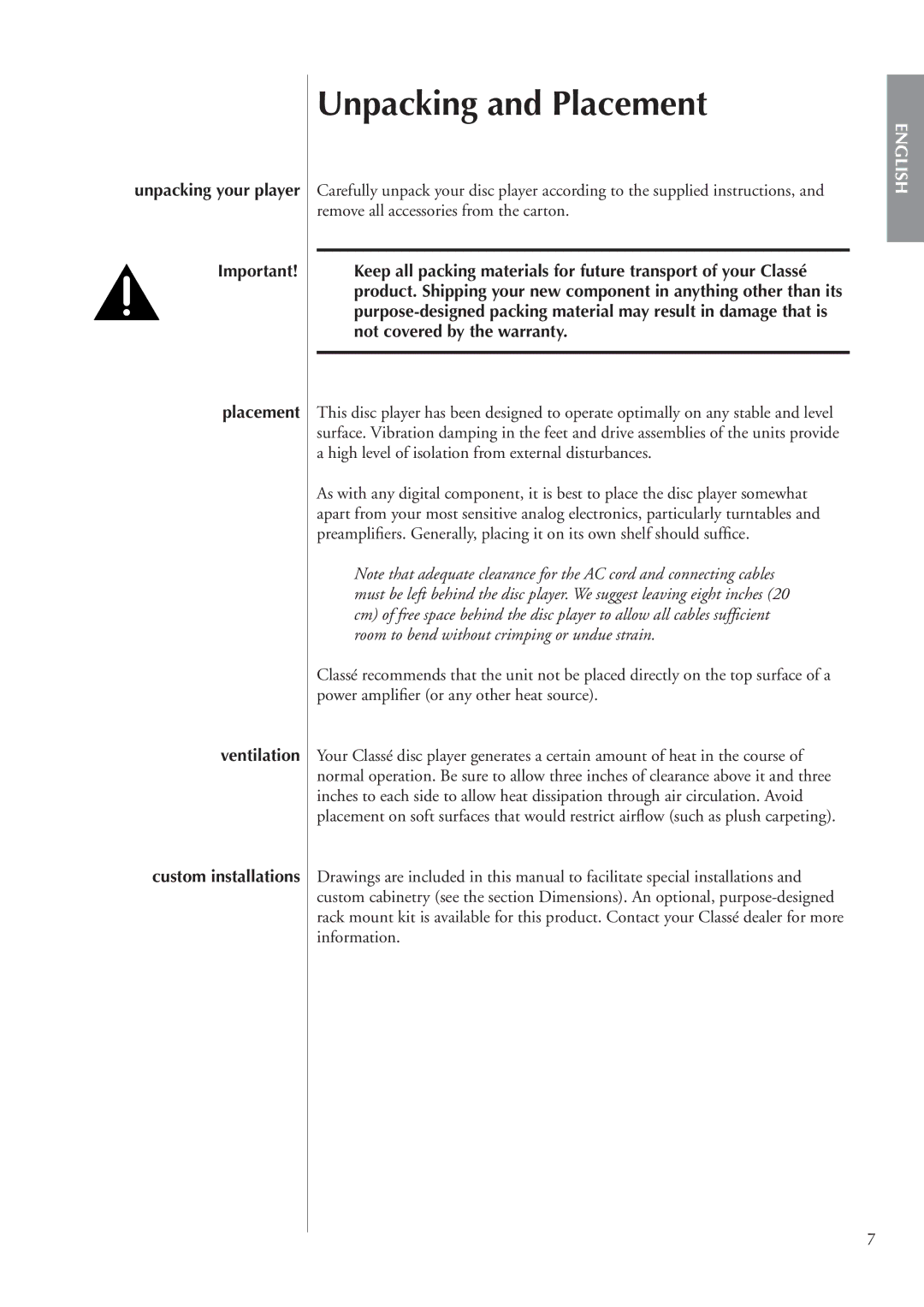 Classe Audio CDP-202 owner manual Unpacking and Placement 