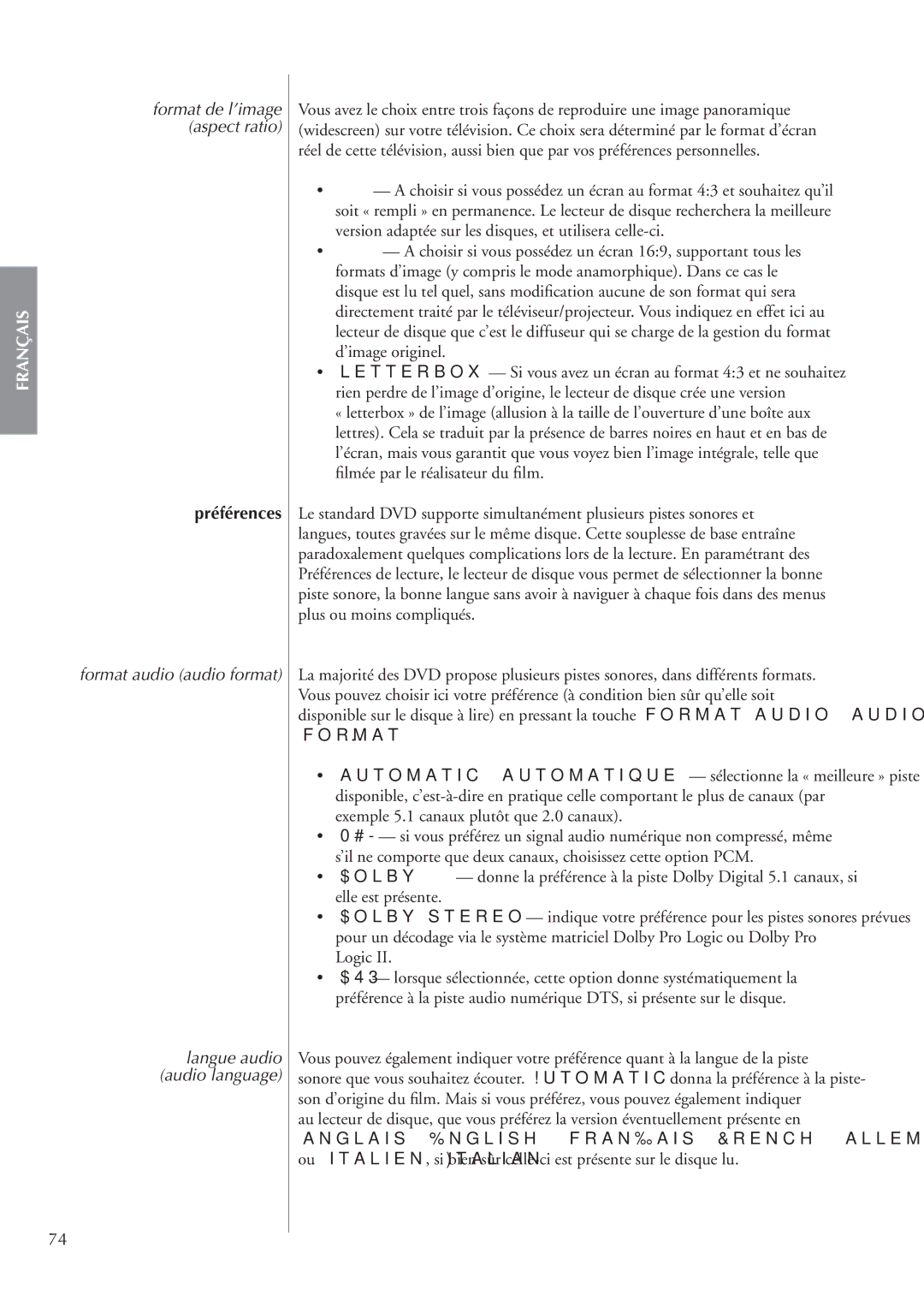 Classe Audio CDP-202 owner manual Préférences, Format audio audio format 