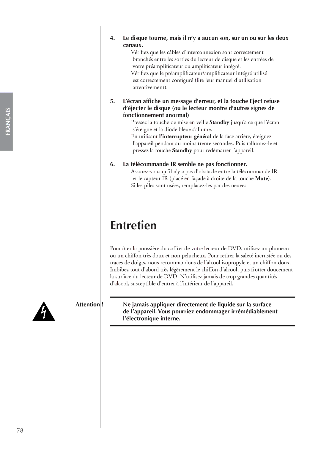 Classe Audio CDP-202 owner manual Entretien, La télécommande IR semble ne pas fonctionner 