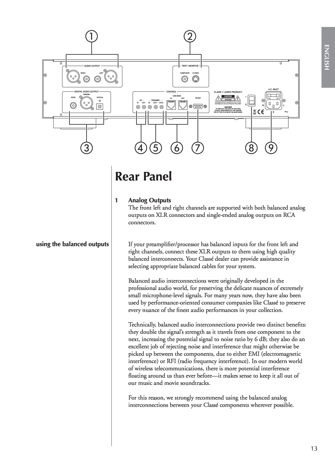 Classe Audio CDP-202 owner manual Rear Panel, English, Analog Outputs, using the balanced outputs 