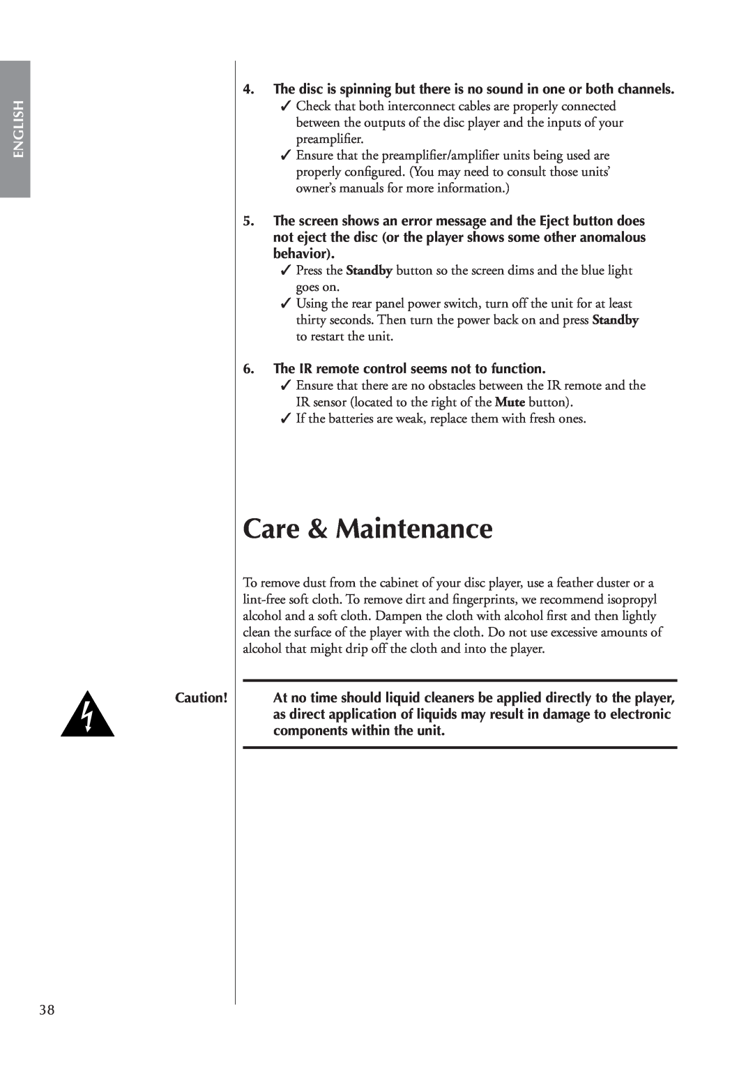 Classe Audio CDP-202 owner manual Care & Maintenance, English, The IR remote control seems not to function 