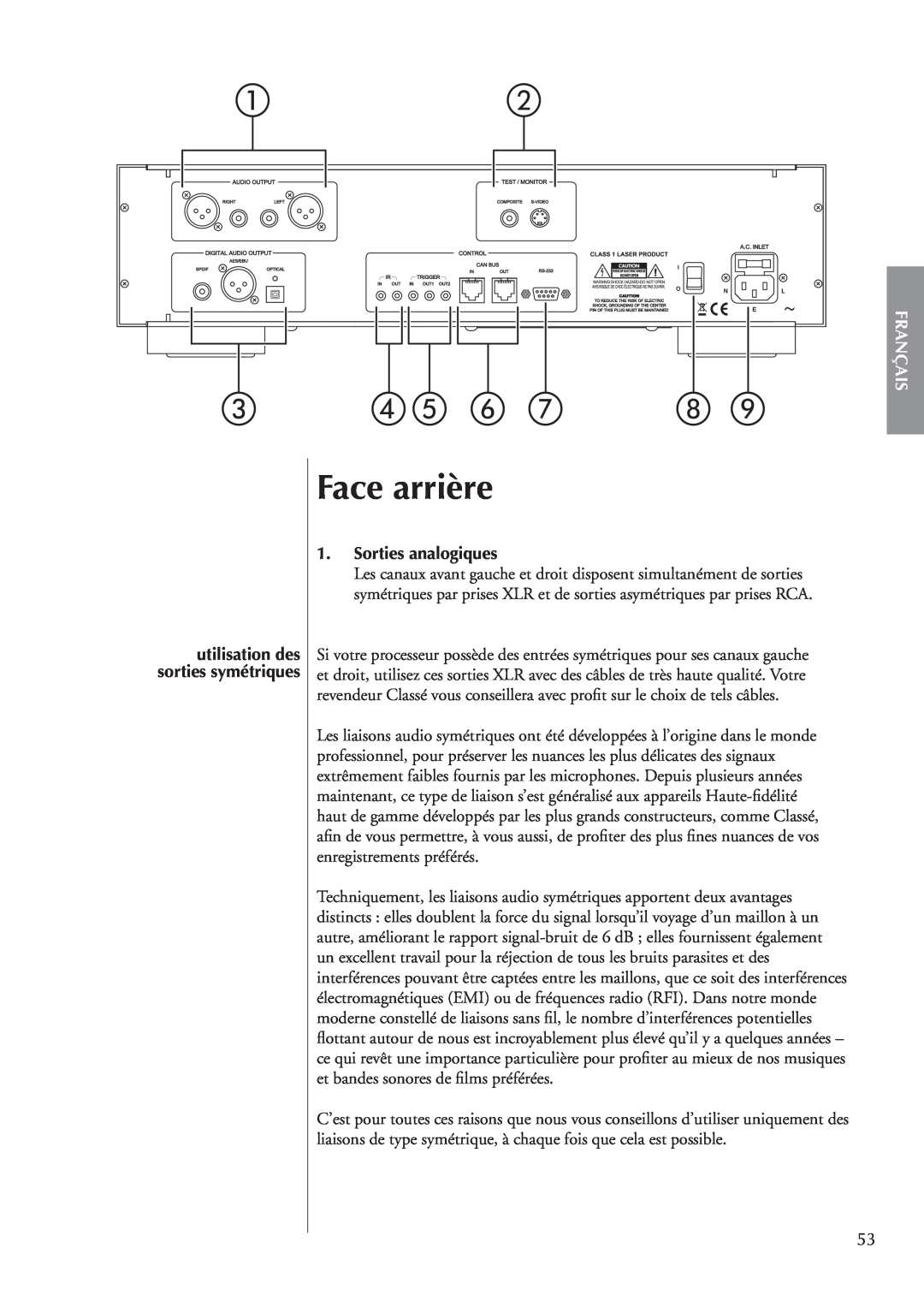 Classe Audio CDP-202 owner manual Face arrière, Sorties analogiques, utilisation des, Français, sorties symétriques 