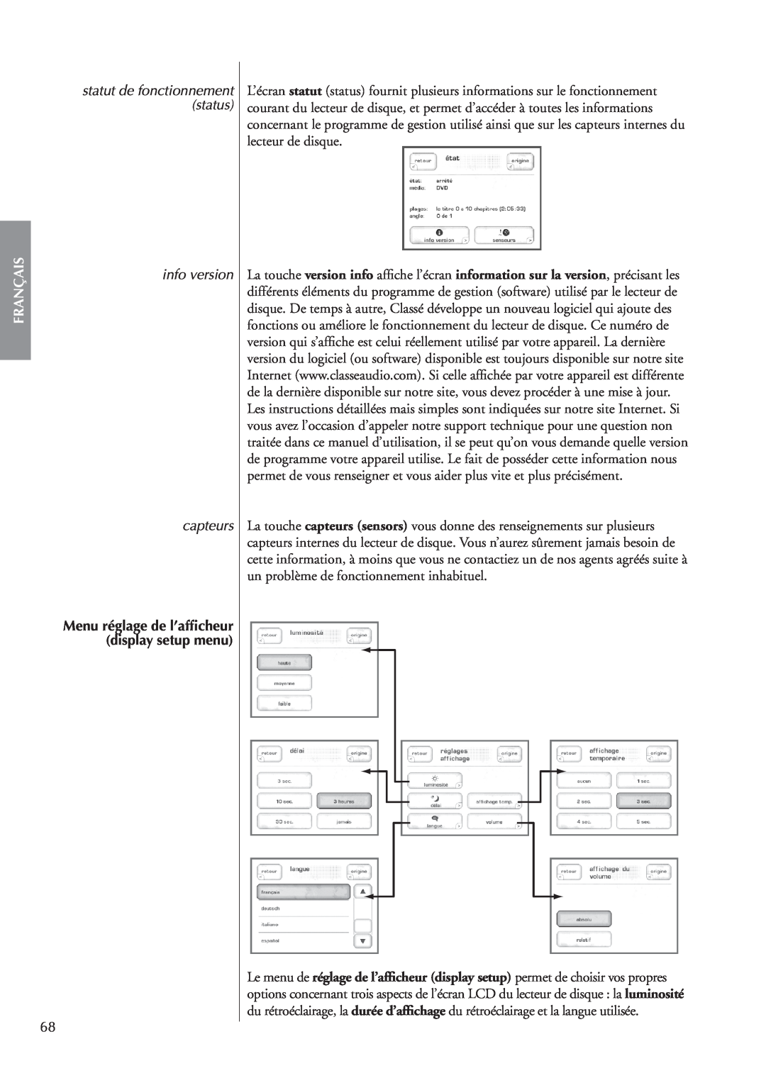 Classe Audio CDP-202 owner manual Français, info version capteurs, statut de fonctionnement status 