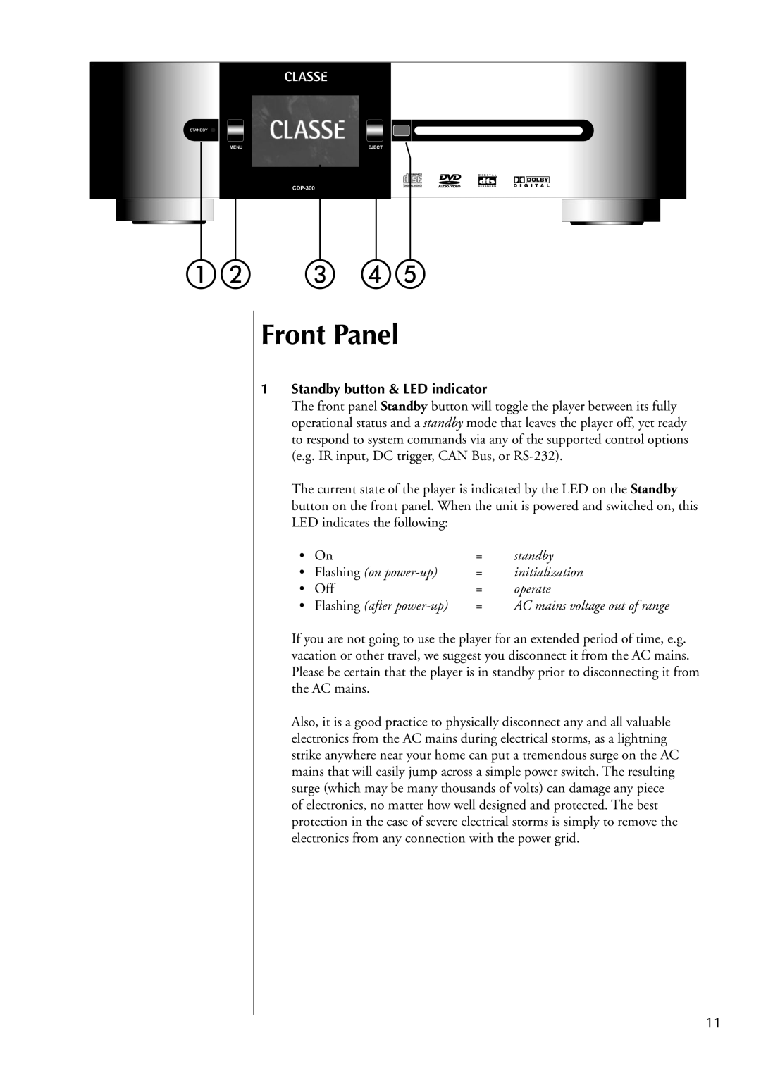 Classe Audio CDP-300 owner manual Front Panel, Standby button & LED indicator, Flashing on power-up Initialization, Operate 