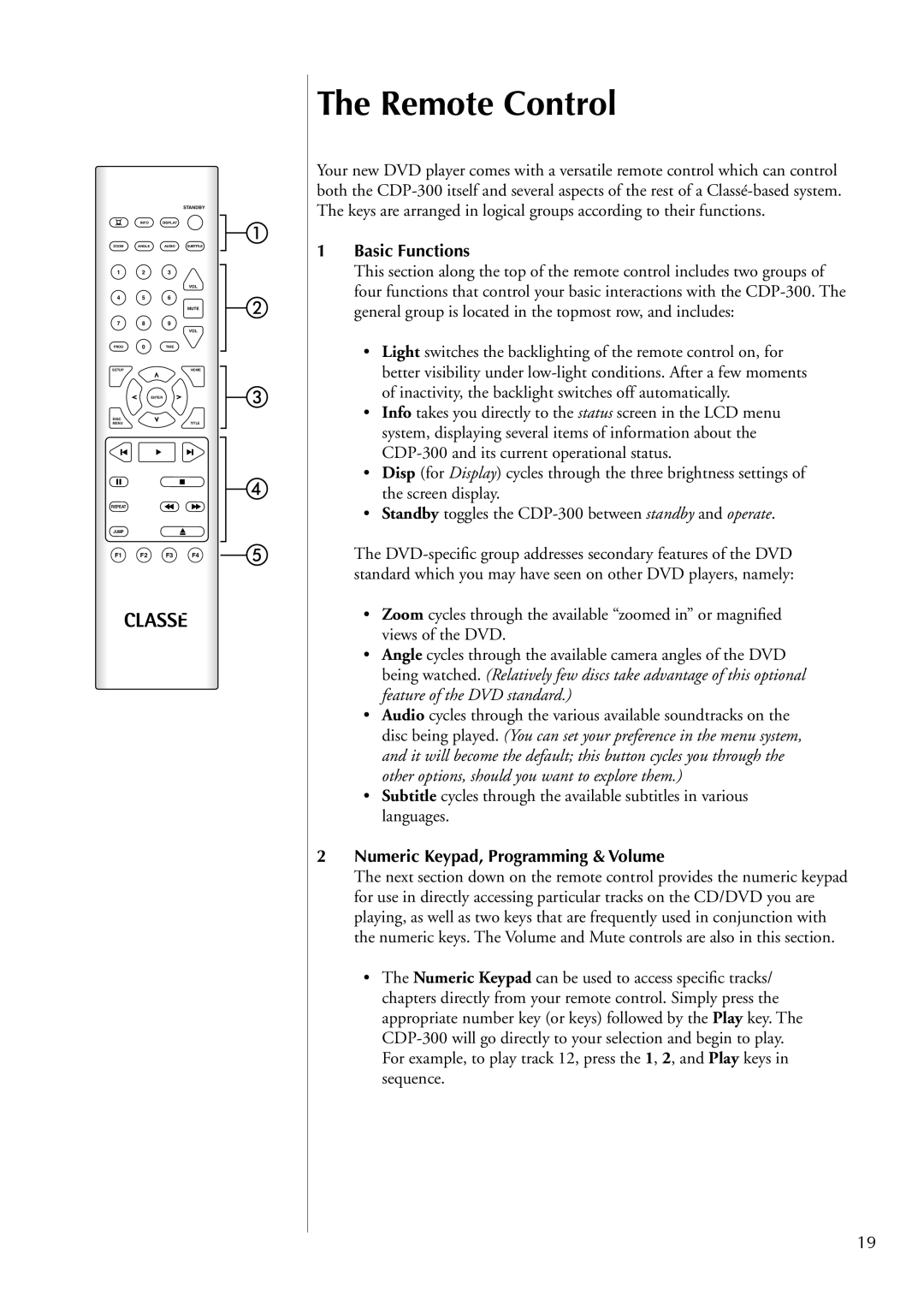 Classe Audio CDP-300 owner manual Remote Control, Basic Functions, Numeric Keypad, Programming & Volume 