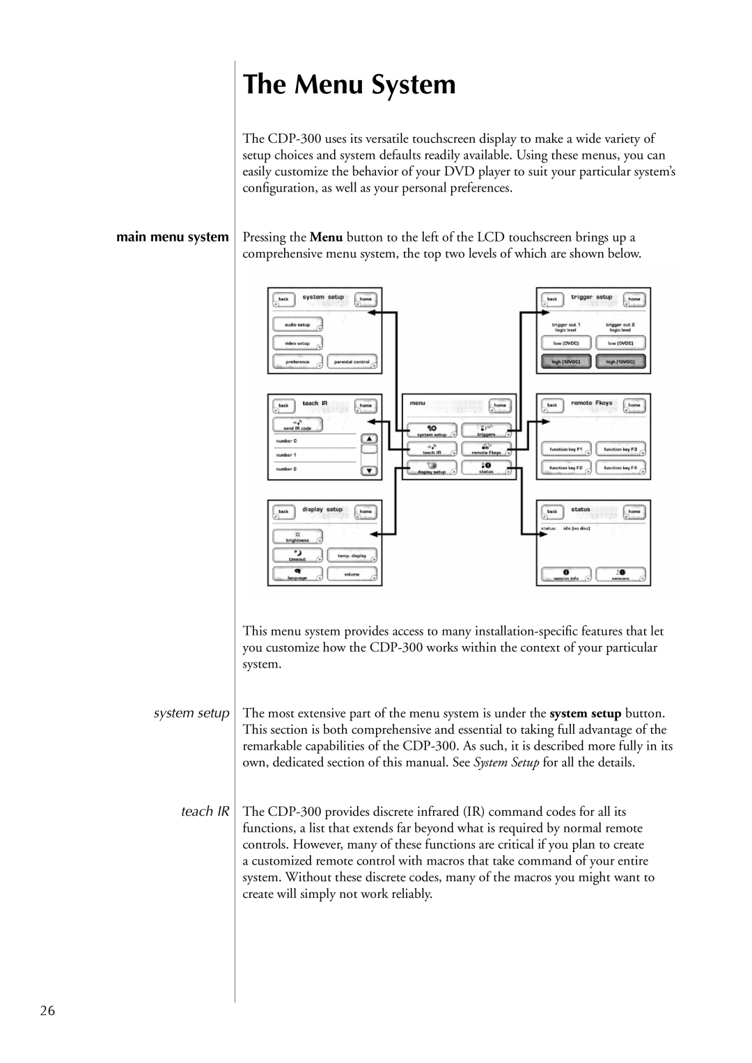 Classe Audio CDP-300 owner manual Menu System, Main menu system, System setup Teach IR 