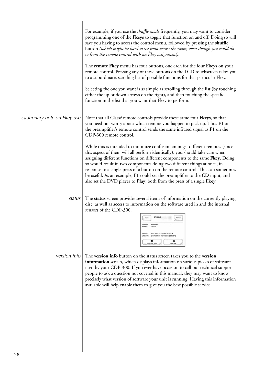 Classe Audio CDP-300 owner manual Status Version info 