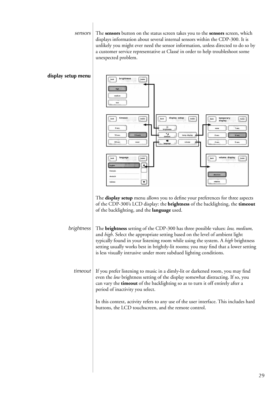 Classe Audio CDP-300 owner manual Sensors, Display setup menu, Brightness Timeout 