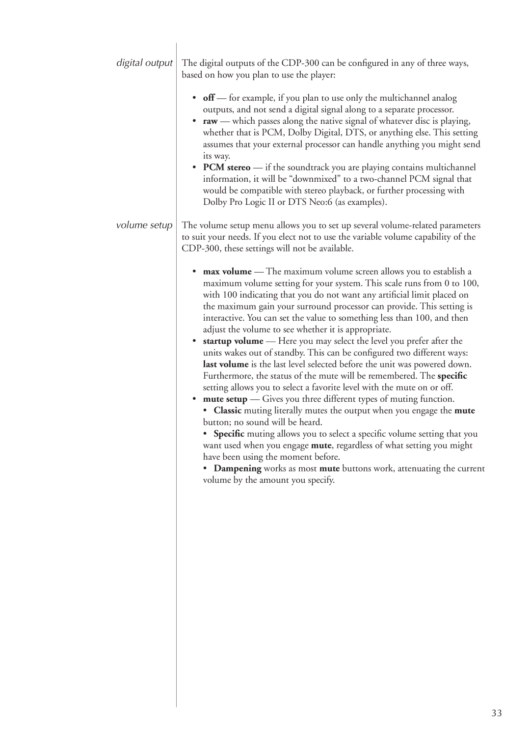 Classe Audio CDP-300 owner manual Digital output Volume setup 