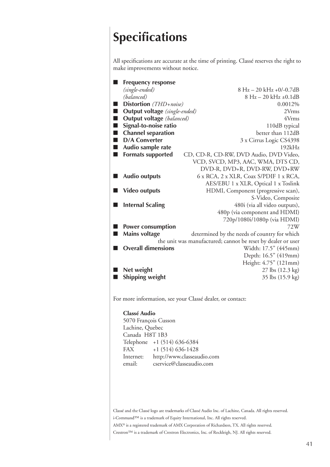 Classe Audio CDP-300 owner manual Speciﬁcations 