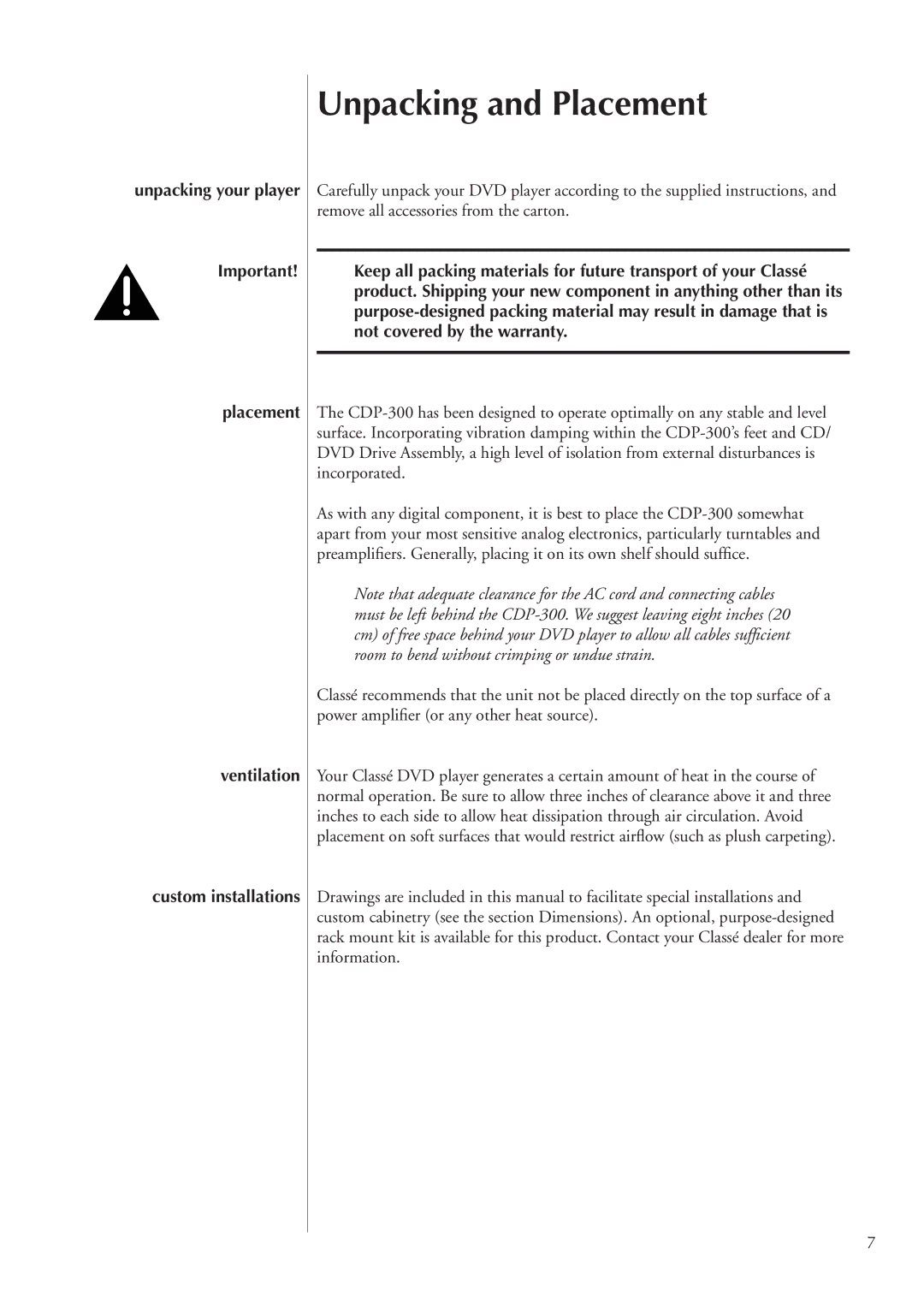 Classe Audio CDP-300 owner manual Unpacking and Placement 