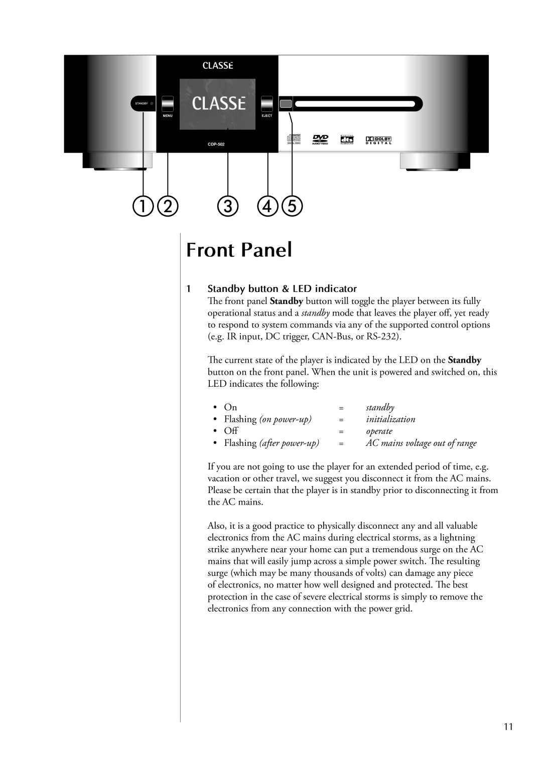 Classe Audio CDP-502 owner manual Front Panel, Standby button & LED indicator 